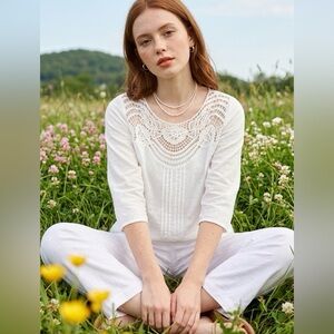 Cklass Y2K Crochet Pin Tuck Swiss Dot Womens Top S Peasant Boho Beachy Coastal